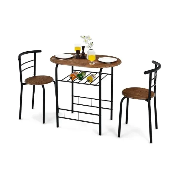 VECELO 3 Piece Small Round Dining Table Set for Kitchen Breakfast Nook, Wood Grain Tabletop with Wine Storage Rack, Save Space, Natural & Black