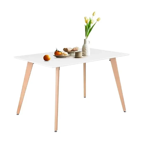 FurnitureR Minimalist Rectangle Dining Table with Round Beech Wood Legs for Home Kitchen Living Room Corner Small Spaces Leisure, 43.3 inches, White